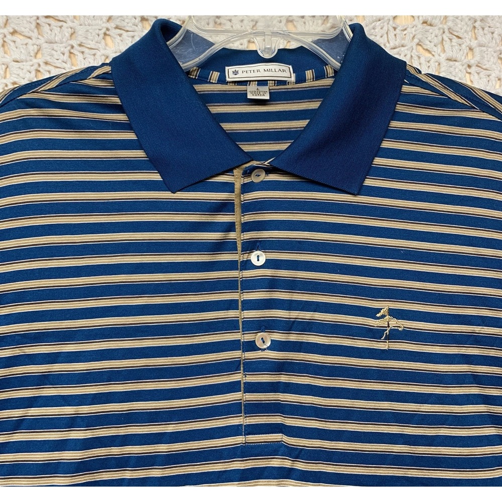 Peter Millar Shirt Mens Size L Blue Brown Striped 100%Cotton Golf‎ Polo Shirt